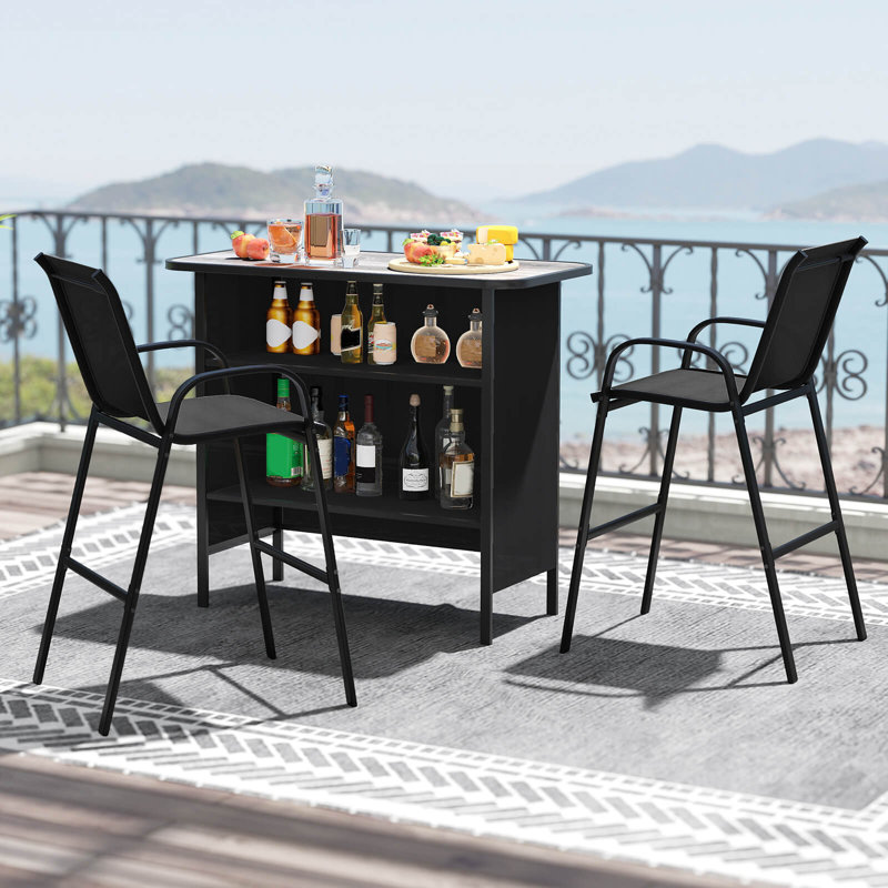 Ensemble de 3 tables d'extérieur à hauteur de bar et fauteuils avec repose-pieds à 2 niveaux brun, Noir