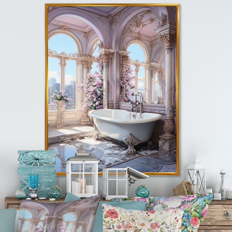Salle de bain pastel Serenity II - Art mural de salle de bain, Cadre flottant doré, H 40 po x l 30 po x P 1,5 po