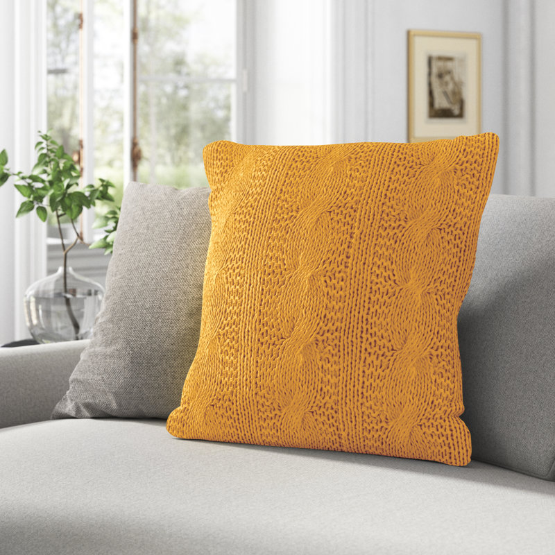 Aryaz Cable Knit Cotton Feather Throw Pillow, Saffron