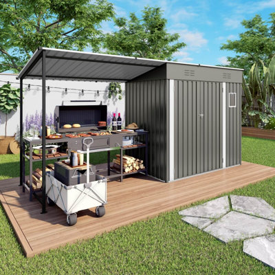 Remise de rangement en métal 12 'x 4' Lean-To avec pergola attachée, remise 2 en 1 et abri de jardin à toit rigide avec fenêtre pour patio, cour et jardin