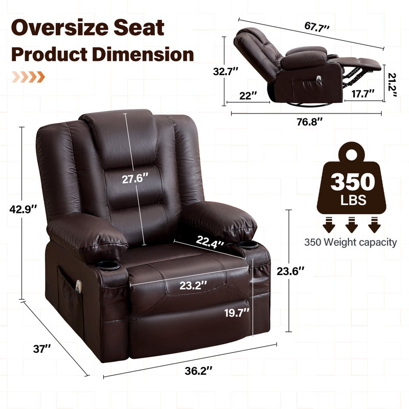 Fauteuil inclinable Serenity surdimensionné avec chaleur massante et charge USB, Brown