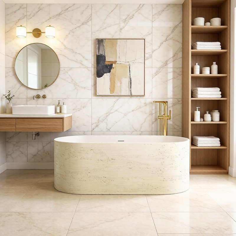 Baignoire de trempage autoportante à surface solide d'aspect pierre naturelle 63 po. X 30 po. Casainc