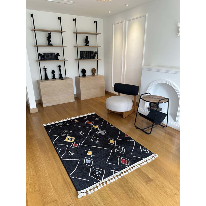 Coton imprimé marocain noir Toscana; Tapis chenille antidérapant, Rectangle 3 pi 11 po x 8 pi 2 po