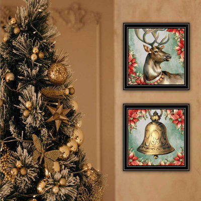 Tendance décorative 4U 2 pièces vignette vieux monde renne et cloche, art mural pour le salon, impression d'art mural de vacances pour la maison, art mural de chambre à coucher par Nicole Decamp