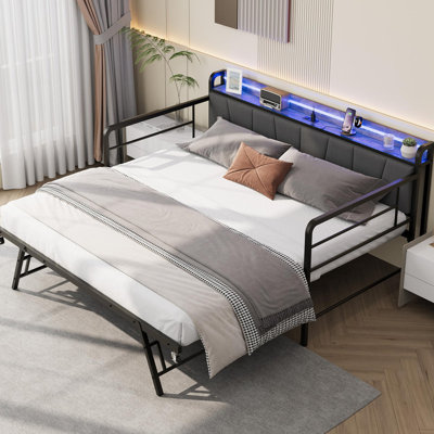 Twin Daybed with Trundle, Upholstered Storage Headboard, LED Light & Charging Station