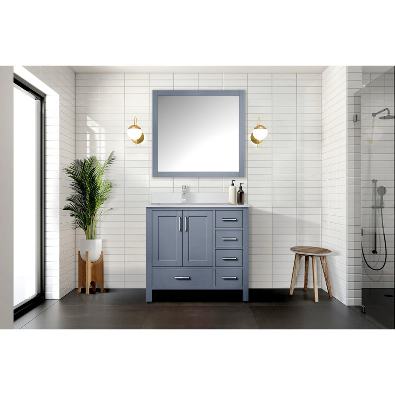 Meuble-lavabo de salle de bain 36 po X P 22 po D, plateau en marbre de culture décalé à gauche et Miroir, Gris foncé