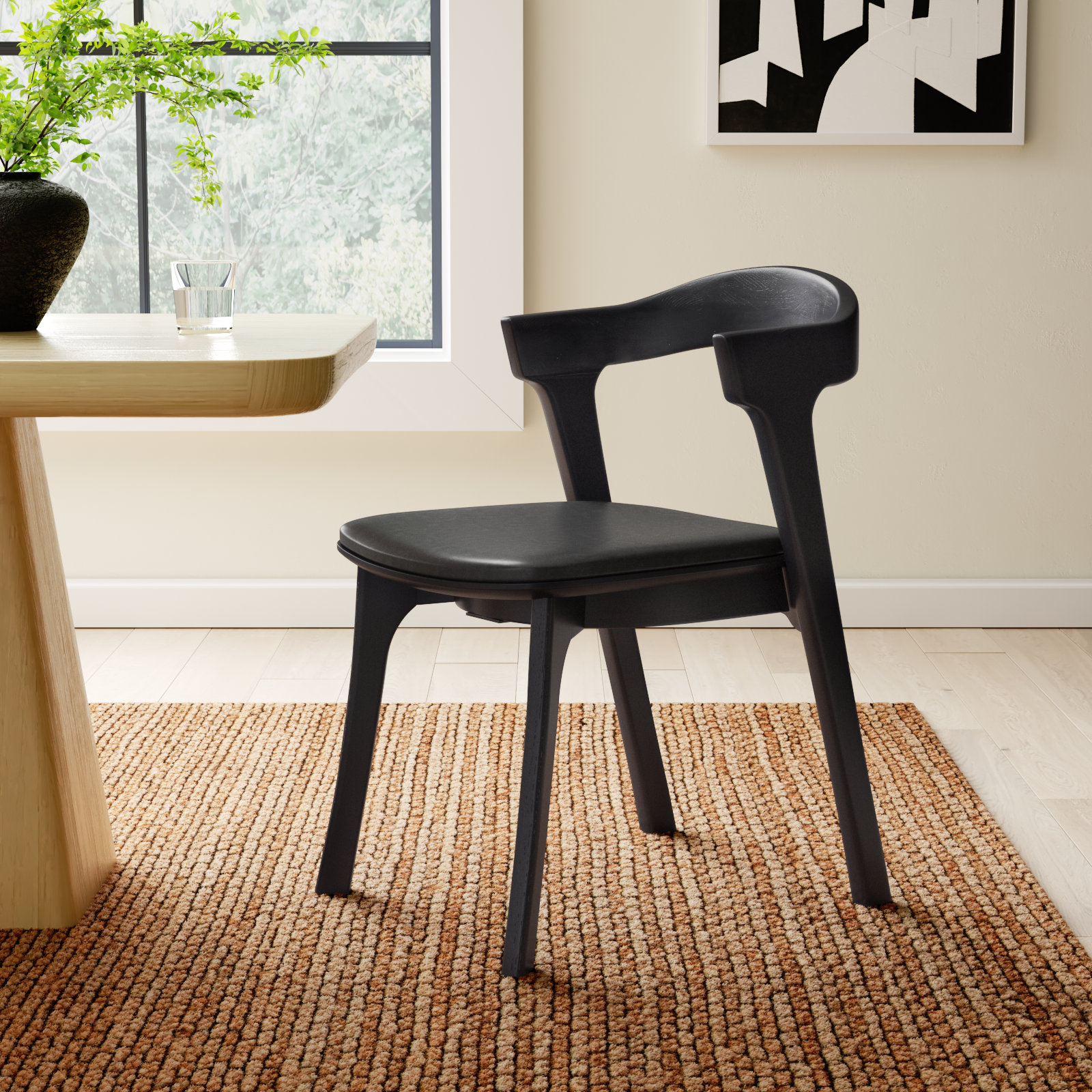 Carper Genuine Leather Oak Armchair, Black Genuine Leather