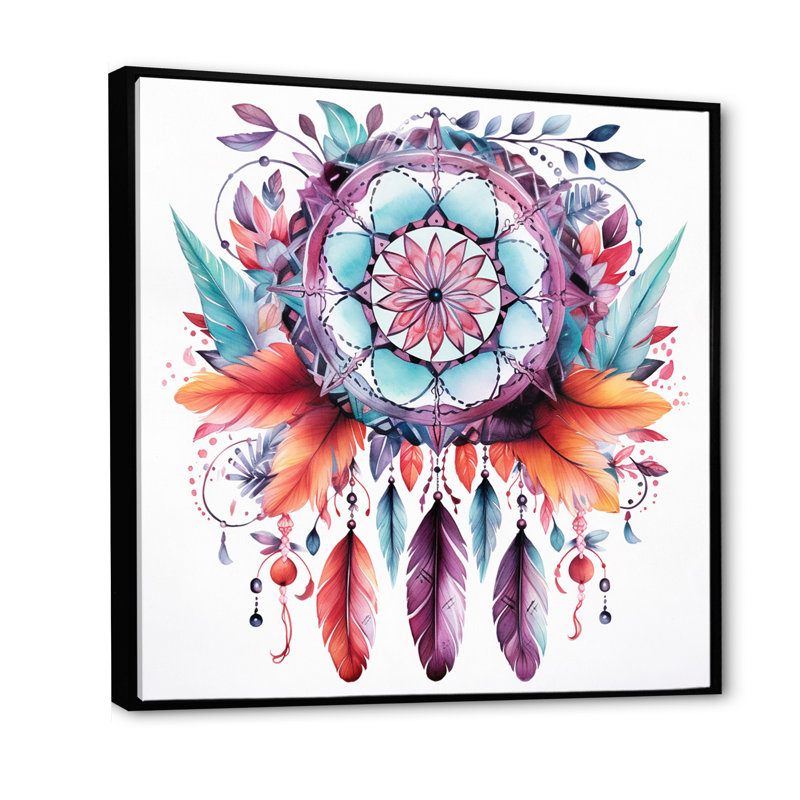 Mauve Boho Dreamcatcher, aquarelle encadrée sur toile, H 36 po x l 36 po, Cadre flottant noir
