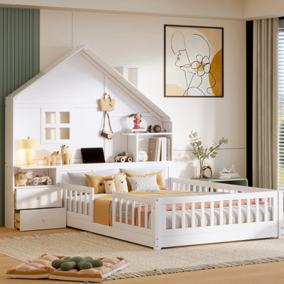 House Bed With Window And Bedside Drawers Platform Bed With Shelves And A Set Of Sockets And USB Port