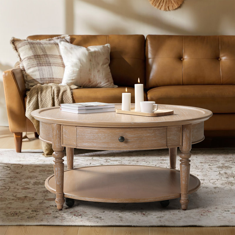 Nikolaus 39.5"W Traditional Solid Wood Base with Caster and Storage Coffee Table, Natural