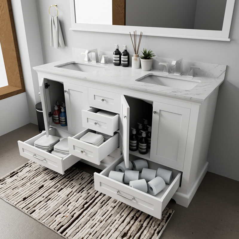 Meuble-lavabo blanc 60 po W, comptoir en marbre, robinet, miroir de 58 po - qualité de teinture large pour salle de bain, 8 grattoirs