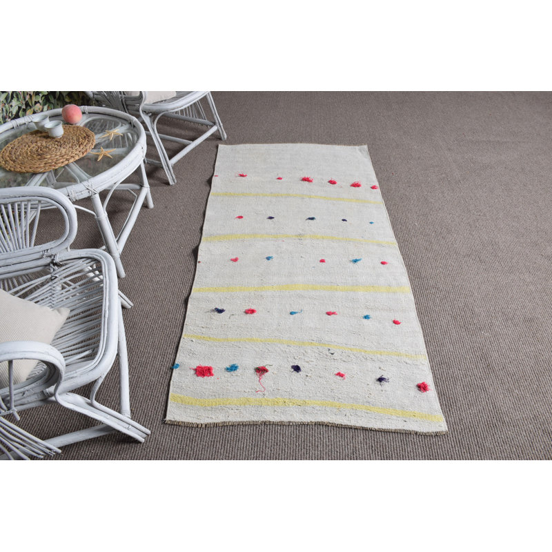 Tapis rétro en chanvre Oushak à rayures beige: idéal pour la cuisine ou la maison de campagne