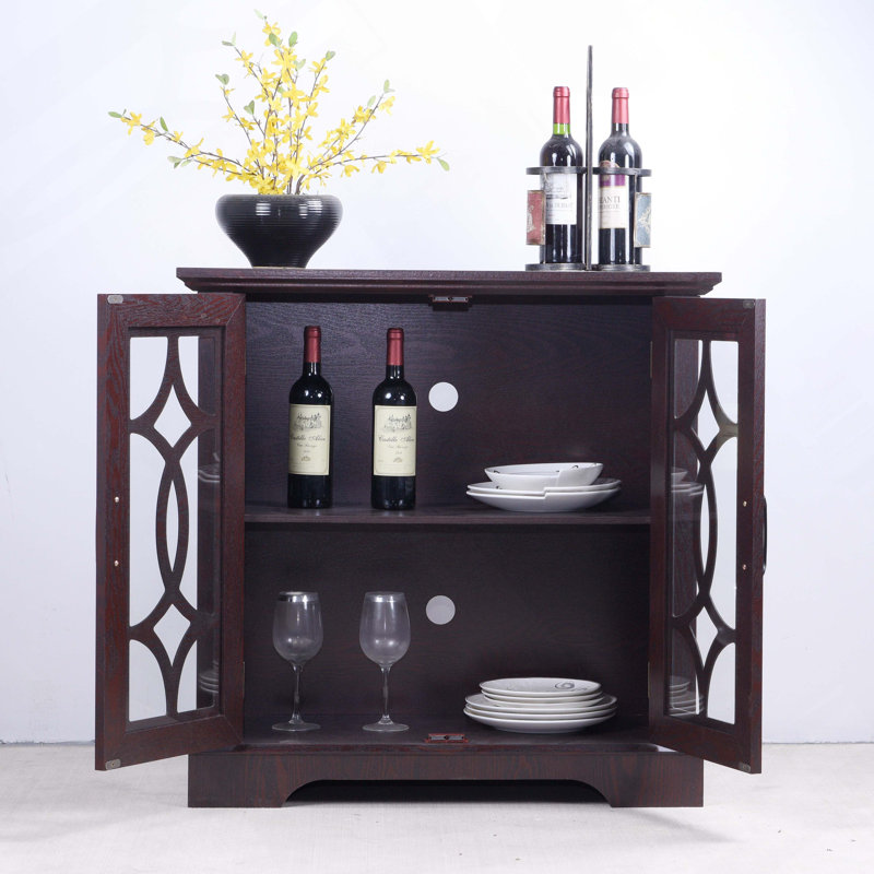 Buffet spacieux de 34,37 po x 15,55 po x 34,06 po à 2 portes en verre trempé transparent avec tablette réglable, panneau de fibres à densité moyenne et stratifié décoratif rouge foncé pour la salle à manger, la cuisine et le salon