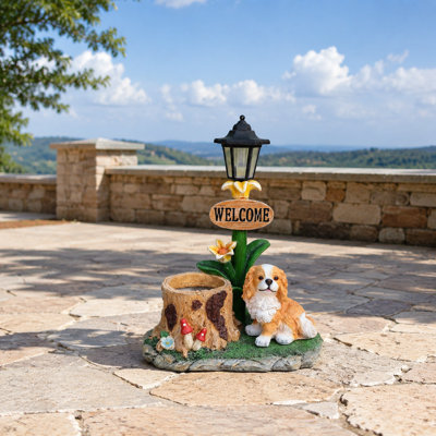 Statue de chien d'extérieur à énergie solaire avec jardinière intégrée et lanterne intégrée, décoration de jardin résistante aux intempéries, convenant à un vestibule, un patio, un jardin, un parterre de fleurs