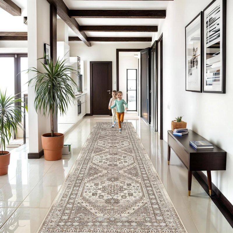 Medallion Non Slip Washable Rug(Brown), Runner 2'6" x 16'