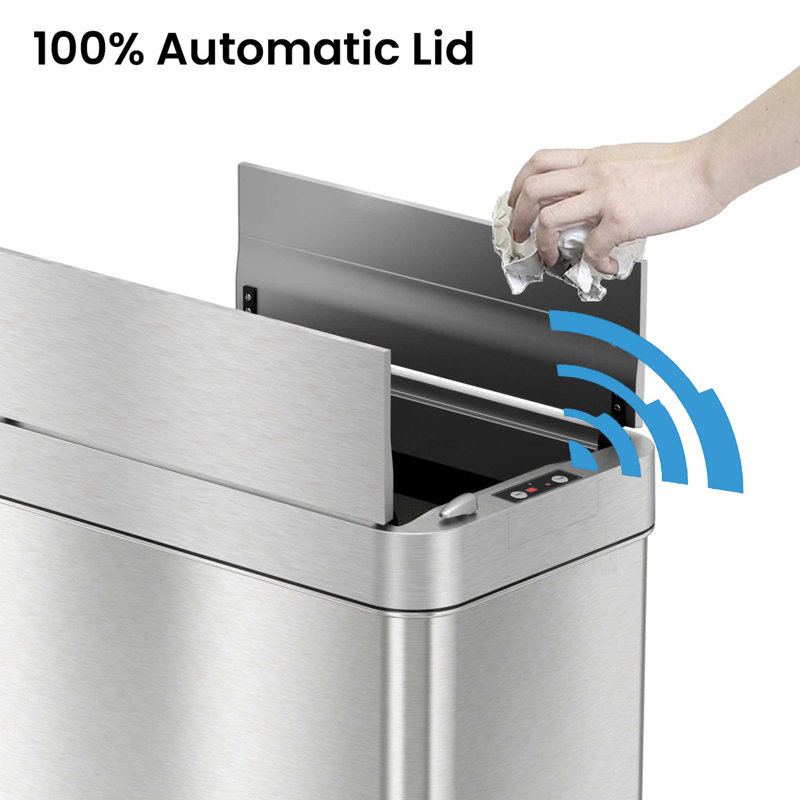 Deodorizer Wings-Open Stainless Steel Motion Sensor Trash Can, 28.75" H x 10.4" W x 16.3" D, 18