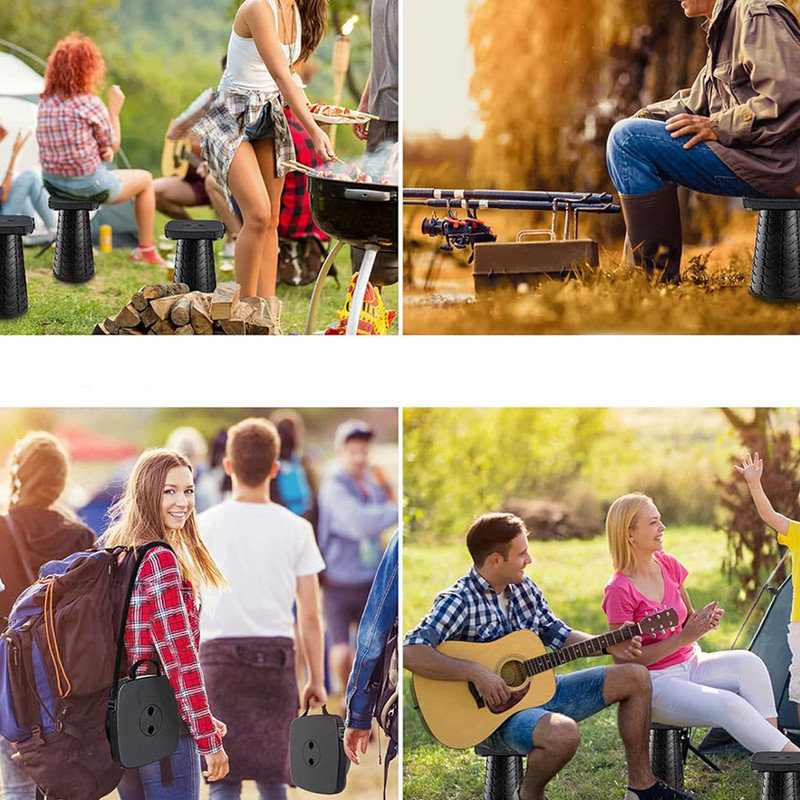 Folding Camping Stool, Square Collapsible Portable Stool with Elastic Seat Cushion& Adjustable Nylon Bag, Telescoping Foldable Stool, Black
