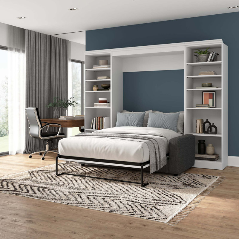 Lit escamotable avec rangement Alvaretta, Blanc / Gris, Double