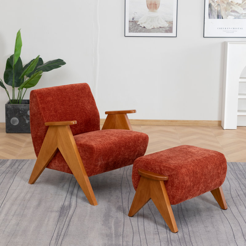 Upholstered Armchair with Footstool, Orange, 1