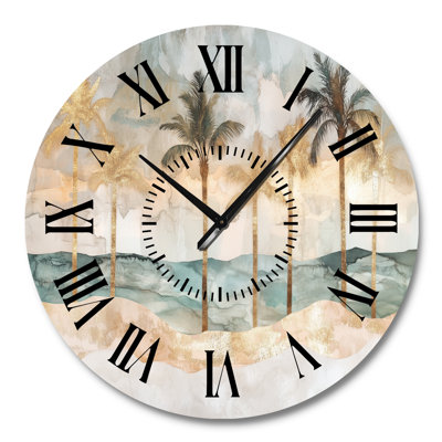 Collage de feuilles de palmiers à l'horizon de la plage I - Horloge murale ronde tropicale en métal