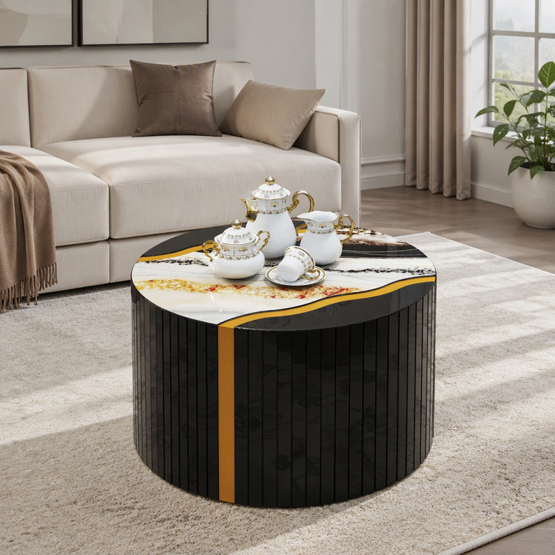 Table basse cylindrique noire et noire en verre noir avec miroir effet poudré doré Motif de marbre Autocollant Table d'appoint Décoration intérieure moderne Espace de vie compact.