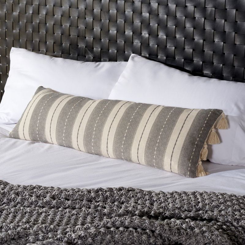 Gray and White Striped Rectangular Pillow with Tassels