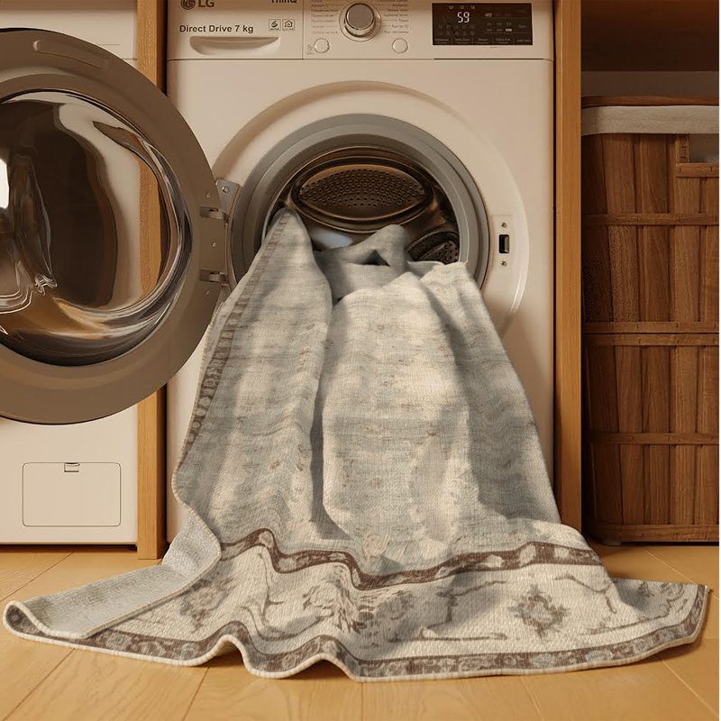 Tapis beige surteint lavable à la machine, Rond 8 pi