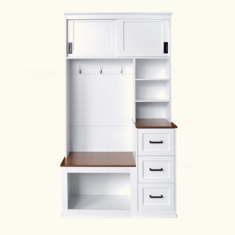 Modern Entryway Bench With Coat Rack, 3 Shelves And Drawers, 3 Sturdy Hooks, 40.2'' Wide Hall Tree With Storage Bench For Hallway, Entryway, Living Room