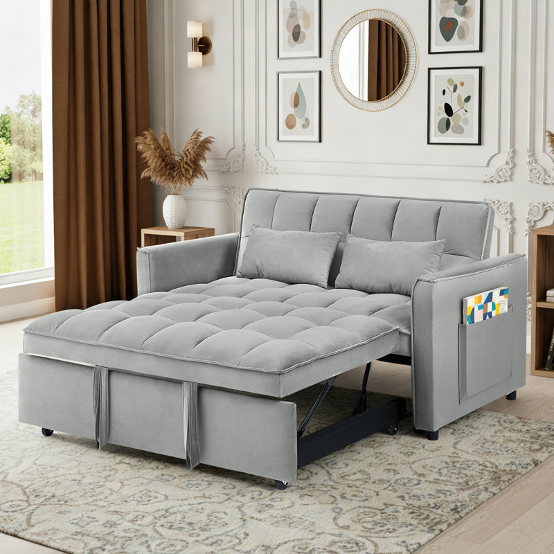 3-in-1 Convertible Velvet Sleeper Loveseat Sofa Bed, Pull Out Couch with Adjustable Backrest, Throw Pillows & Side Storage Pockets for Living Room Bedroom Apartment