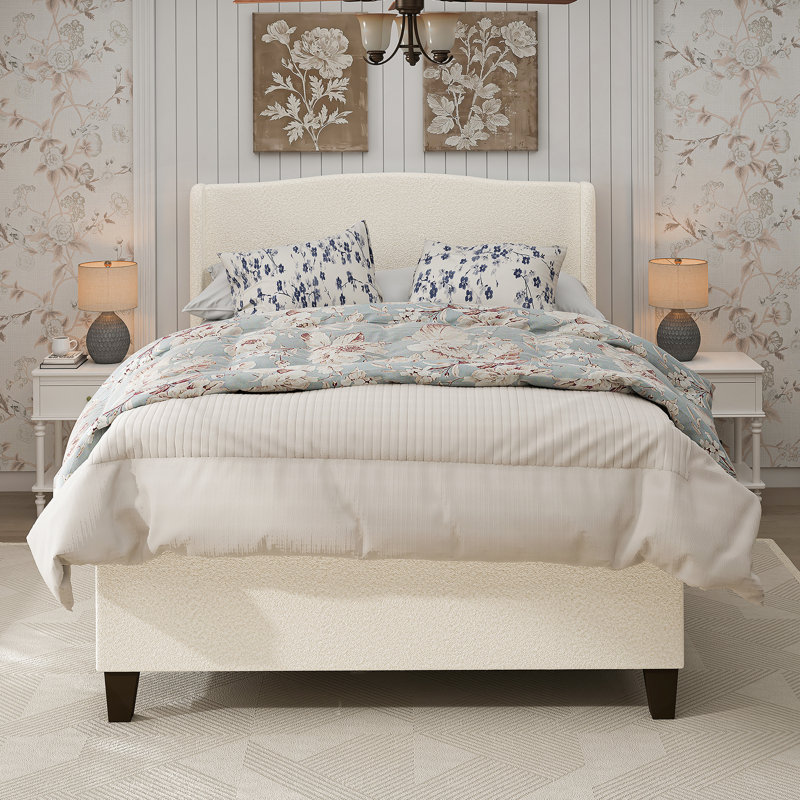 Bed Frame with High Back Upholstered Headboard, Queen, White