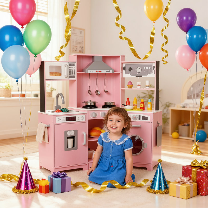Multi-Function Kids Kitchen, Wooden Pretend Playset with Washing Machine, Realistic Range Hood, Ice Maker & Ample Storage for Endless Role Play(pink)