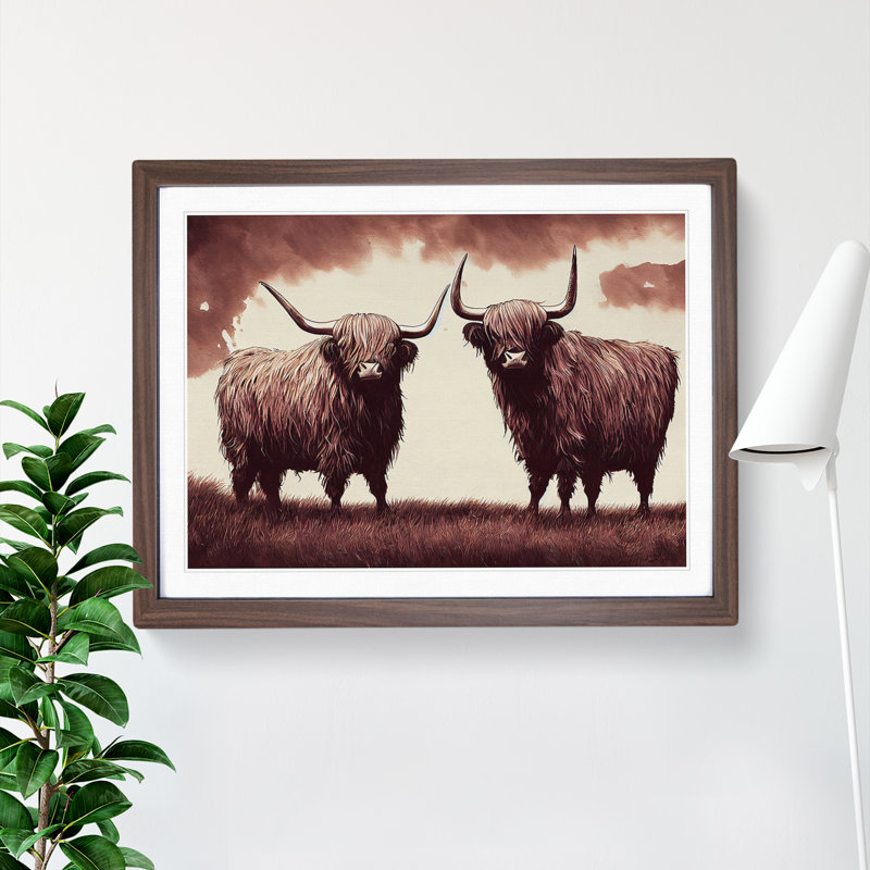 Two Highland Cows Vol.4 - Framed Print, 46cm H x 64cm W x 2cm D, Walnut Framed