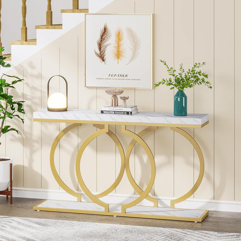 55.11” Modern White & Gold Faux Marble Console Table For Entryway Sofa Table, Entrance, Living Room