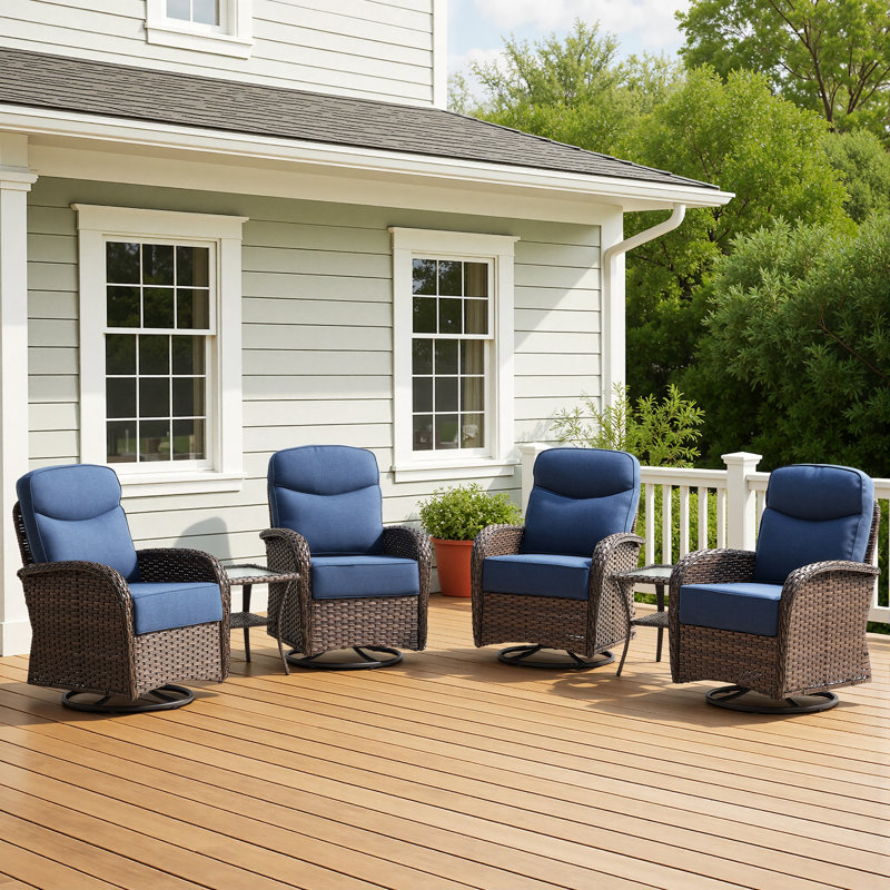 Alakai 6-Piece Outdoor Wicker Family Patio Swivel Chair Conversation Set With Side Tables, Blue
