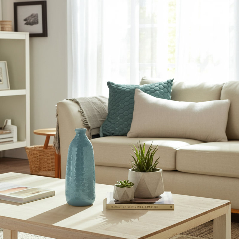 Vase en grès cérame texturé Agaba - Accent décoratif moderne, Bleu, H 16 po x l 7 po x P 7 po