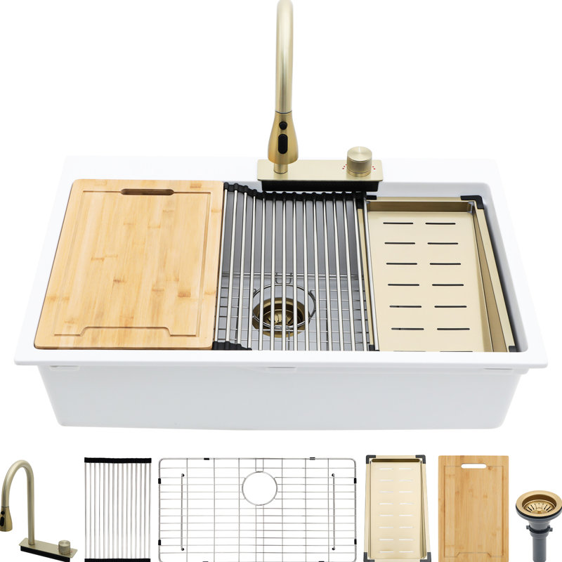 Évier de cuisine en composite de quartz blanc 33 x 22 po - style cascade, robinet escamotable et ensembles d'accessoires assortis pour station de travail encastrée 33 po x 22 po, Grace, divers mélanges