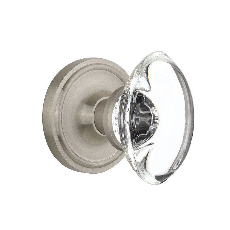Classic Rosette with Oval Clear Crystal Door Knob, Satin Nickel