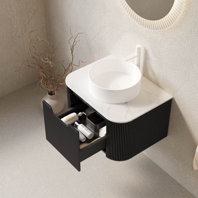 Dina 24" Bathroom Vanity&Sink, Floating Curved Edges Striped Storage Cabinet With Drawer, White Round Ceramic Basin&Carrara White Sintered Stone Top, Pre-Assembled, Black Color