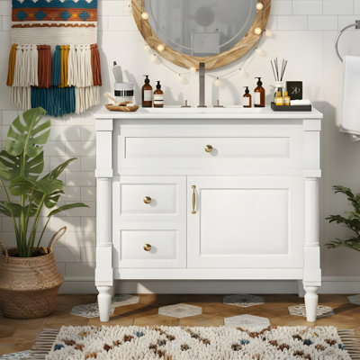 Meuble-lavabo autoportant de 36 po avec lavabo en céramique, tiroirs rabattables et tablettes réglables
