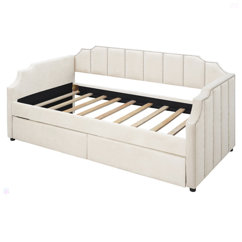 Lit de jour simple tapissier avec tiroirs, support en lattes de bois, Beige