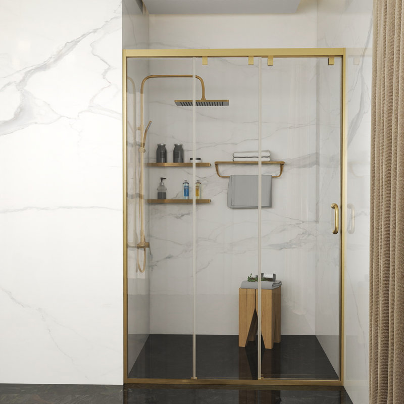 48"-48.8" W x 76" H Triple Panel Sliding Shower Door, 8mm Tempered Glass, Stainless Steel Frame, Brushed Titanium