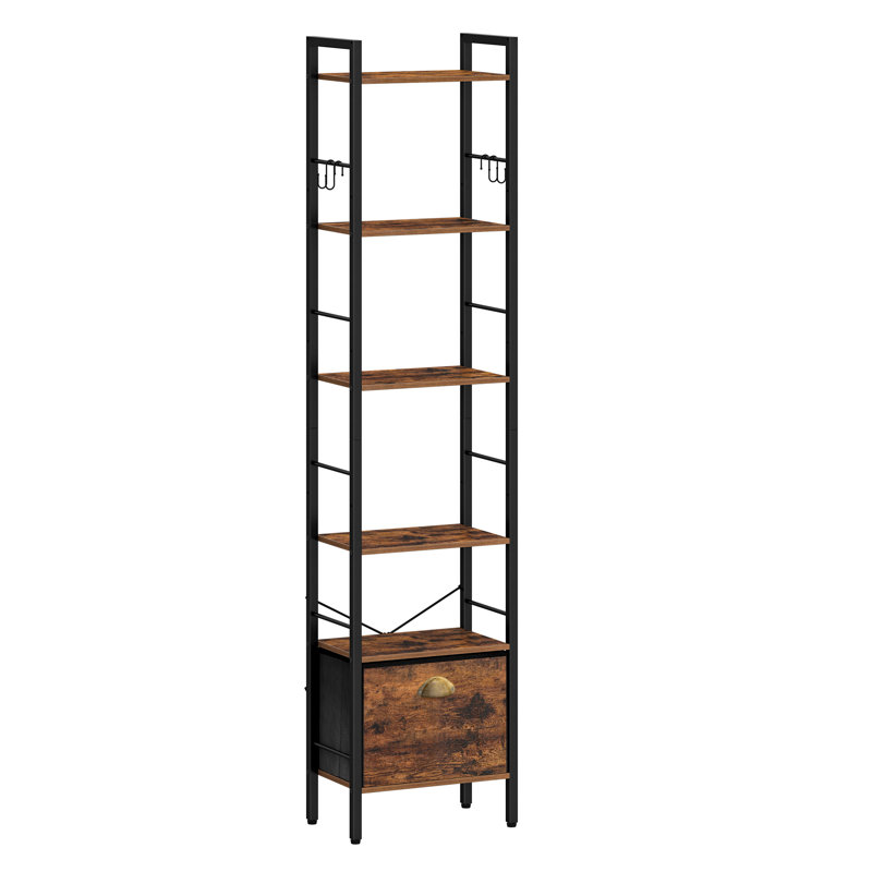 Bookcase, Narrow Tall Bookshelf with Fabric Drawer, Slim Wooden Storage Shelf with 4 Hooks for Bedroom, Living Room, Home Office, Sturdy 