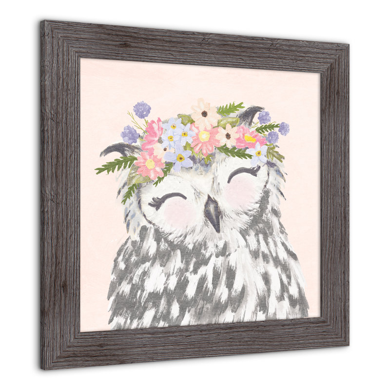 Hibou avec fleurs, reproduction encadrée, gris