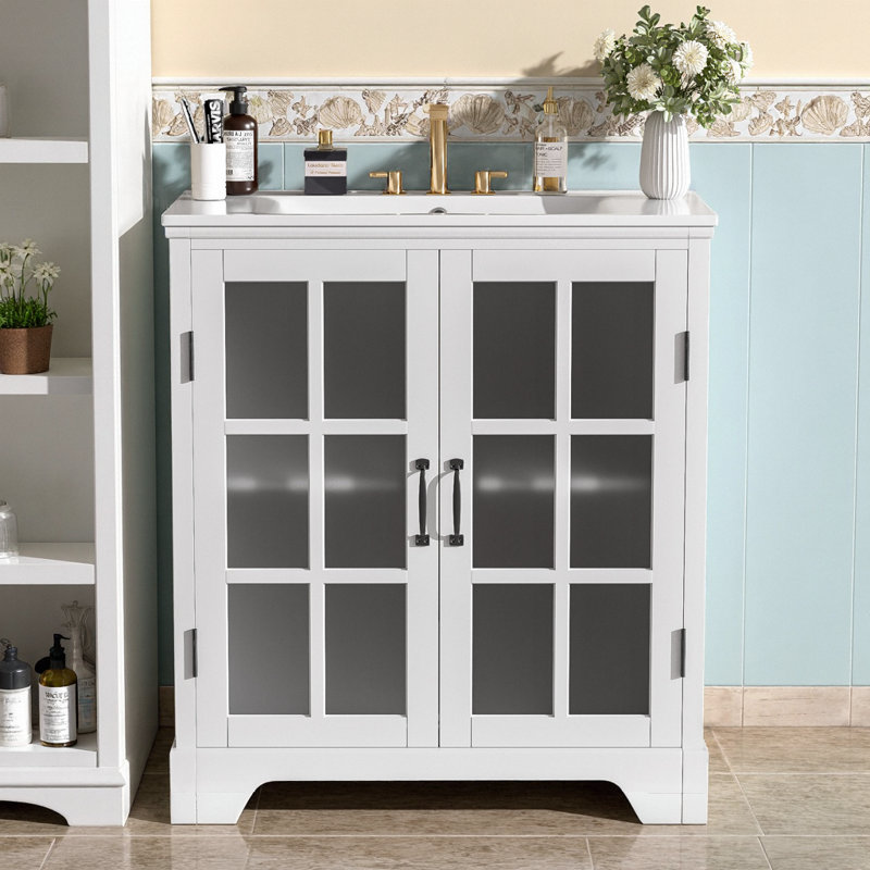 Buffet moderne en bois de chêne avec poignées en laiton antique, Blanc