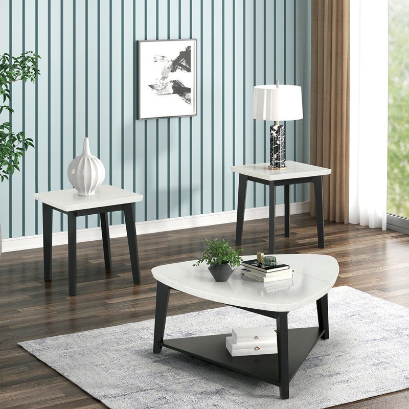 Ensemble de table 3 pièces de style contemporain 1 table basse triangulaire 2 x table de bout carrée avec plateau de rangement inférieur en marbre et finition noire et blanche