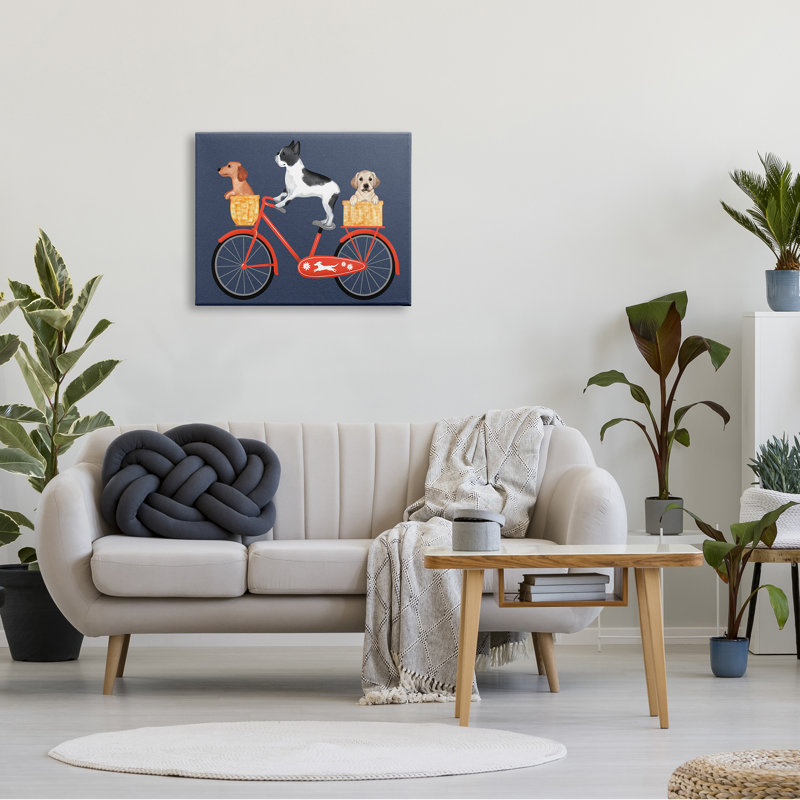 Chien, bicyclette, trio, chiots, paniers, vélo rouge par Jo Taylor - impression, H 24 po x l 30 po x P 1,5 po, Toile tendue