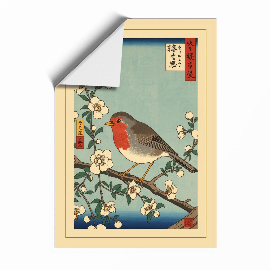 Robin on Blossom Branch Japandi - Framed Print