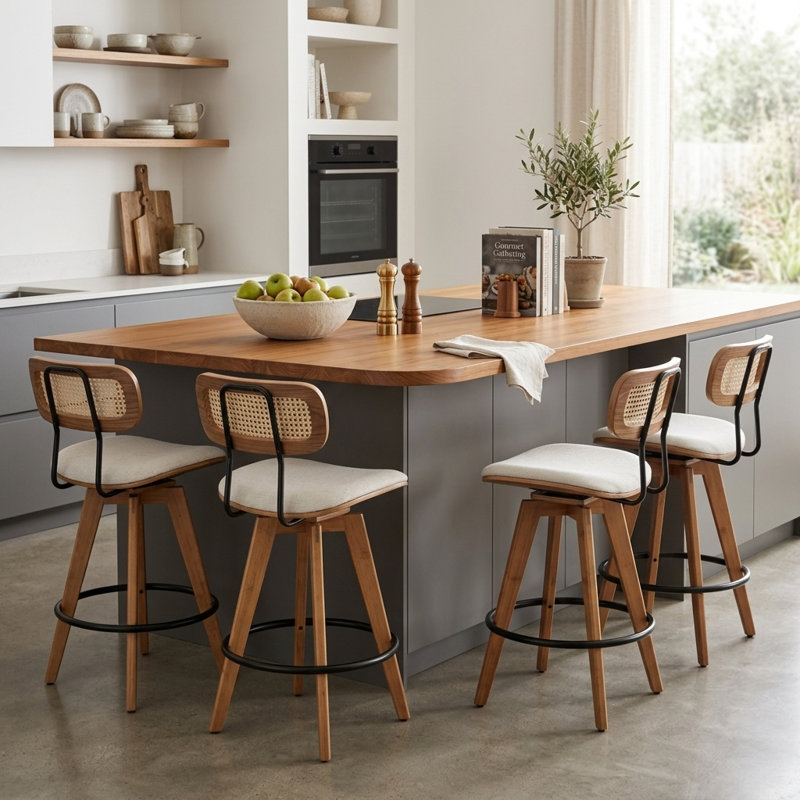 Sirine 4 Pieces Swivel Linen Counter Stool, Beige