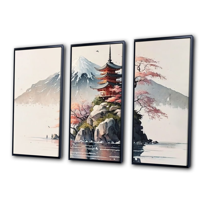«Donyale Japanese Landscape In Watercolor I», reproduction de 3 pièces, H 32 po x l 48 po x P 1 po, Cadre noir