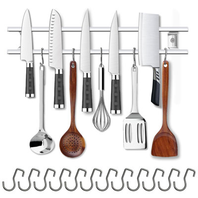Porte-couteaux magnétique mural de 45,7 cm (18 pouces) - Barre magnétique pour couteaux avec 12 crochets - Barre magnétique murale en acier inoxydable 304 - Bloc à couteaux - Porte-couteaux - Support pour ustensiles de cuisine